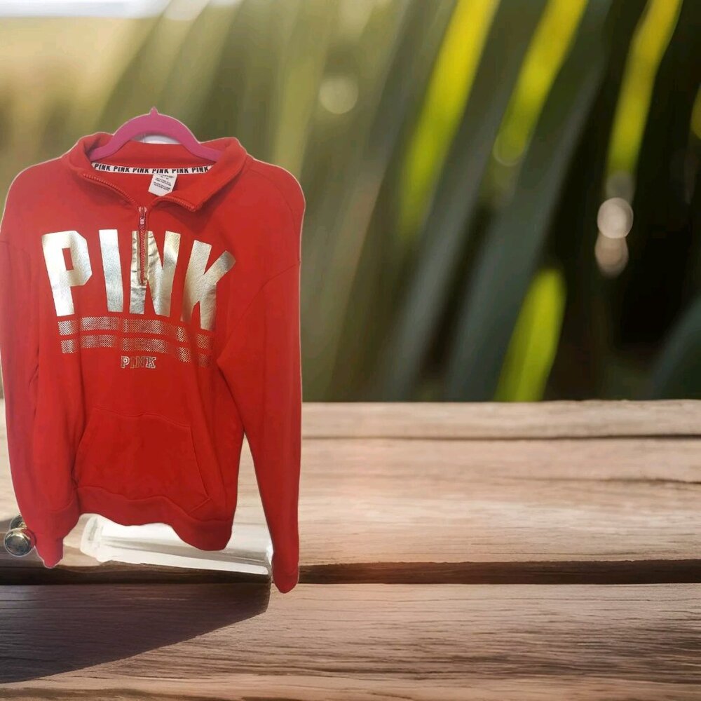 Victoria Secret LOVE PINK 3/4 Zip Pullover Womens RED‎ GOLD Xs Hoodie